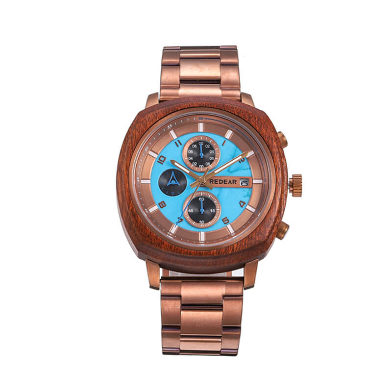 Chronograph Red Sandalwood Bezel And Stainless Steel Square Wooden Watches
