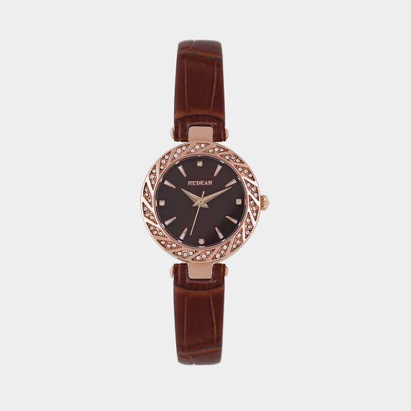 Round Diamond Dial Watch With Brown Leather Strap For Women