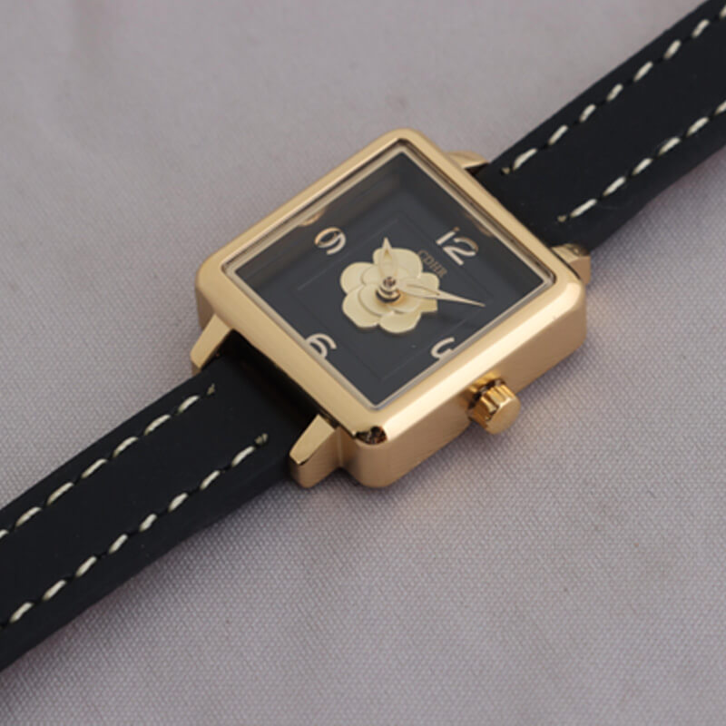 Small Square Dial Watch With Black Leather Strap