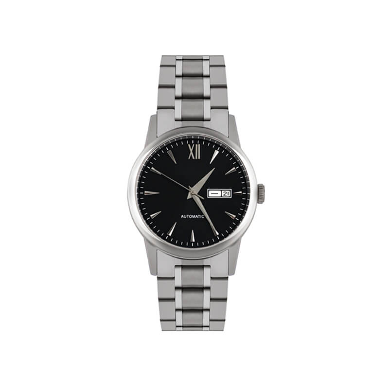 black dial stainless steel strap watch