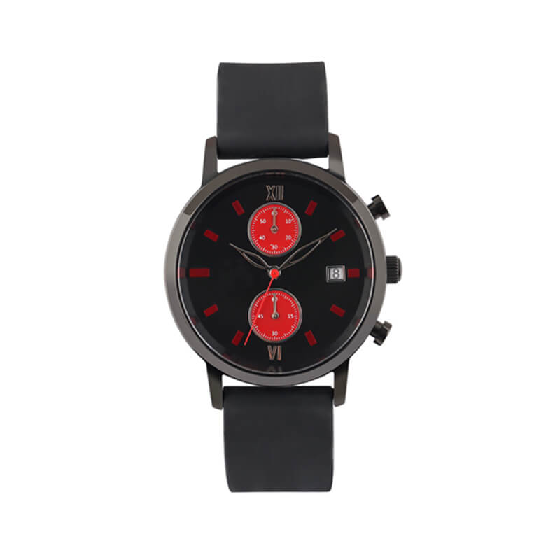 Red Dial Quartz Black Leather Watch Strap