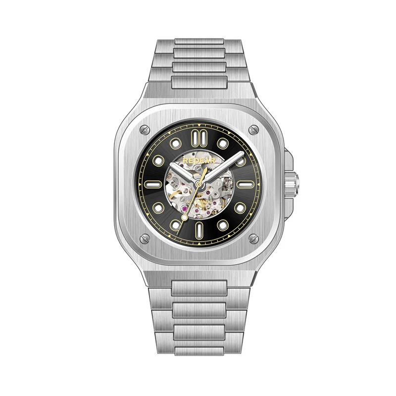 Men's Stylish Mechanical Watch With Sunburst Hollowed-Out Dial Design