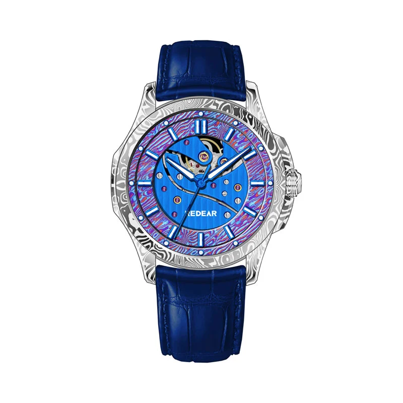 Luxury Sophisticated Swiss Mechanical Watch With Damascus Steel Case & Sapphire Glass