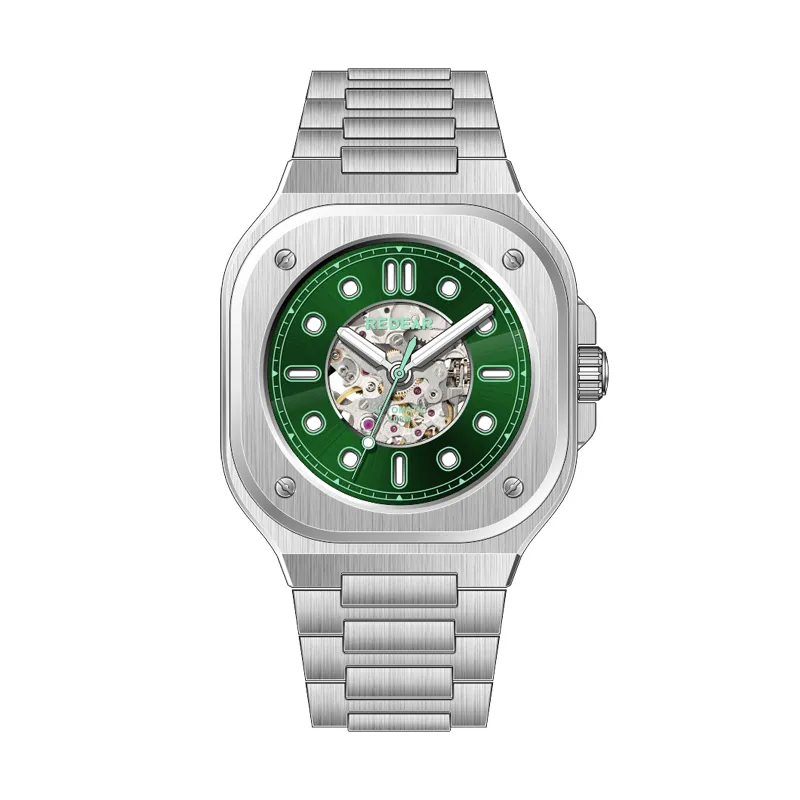 mens stylish mechanical watch with sunburst hollowed out dial design