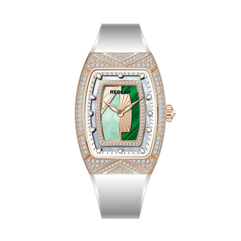 female stainless steel barrel shaped ronda quartz watch with starry diamond dial