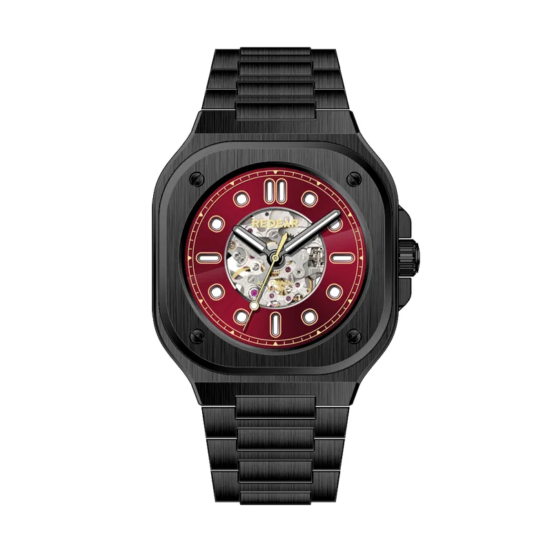 mens stylish mechanical watch with sunburst hollowed out dial design