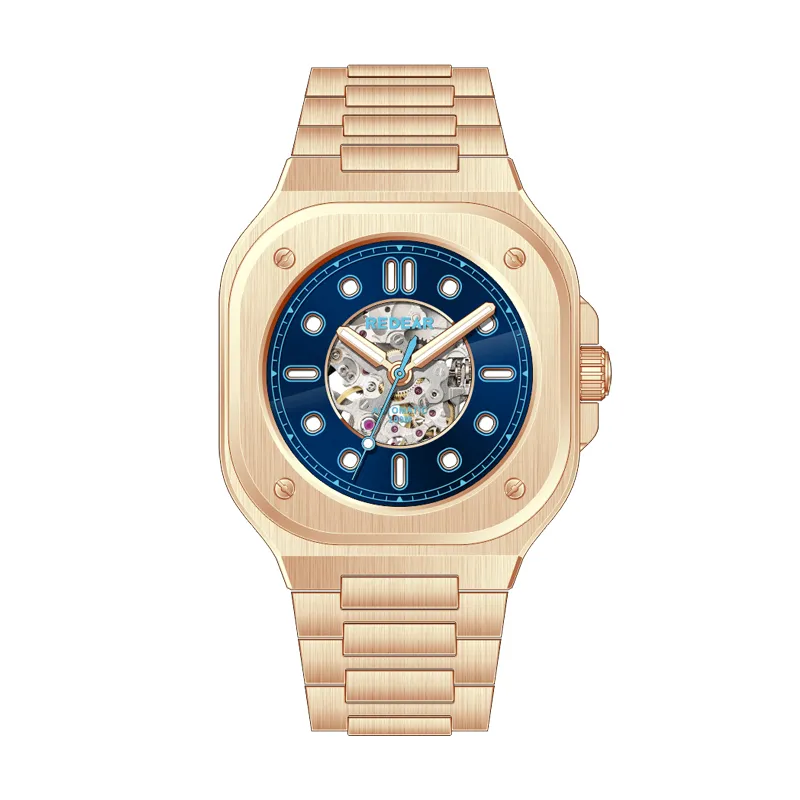 mens stylish mechanical watch with sunburst hollowed out dial design