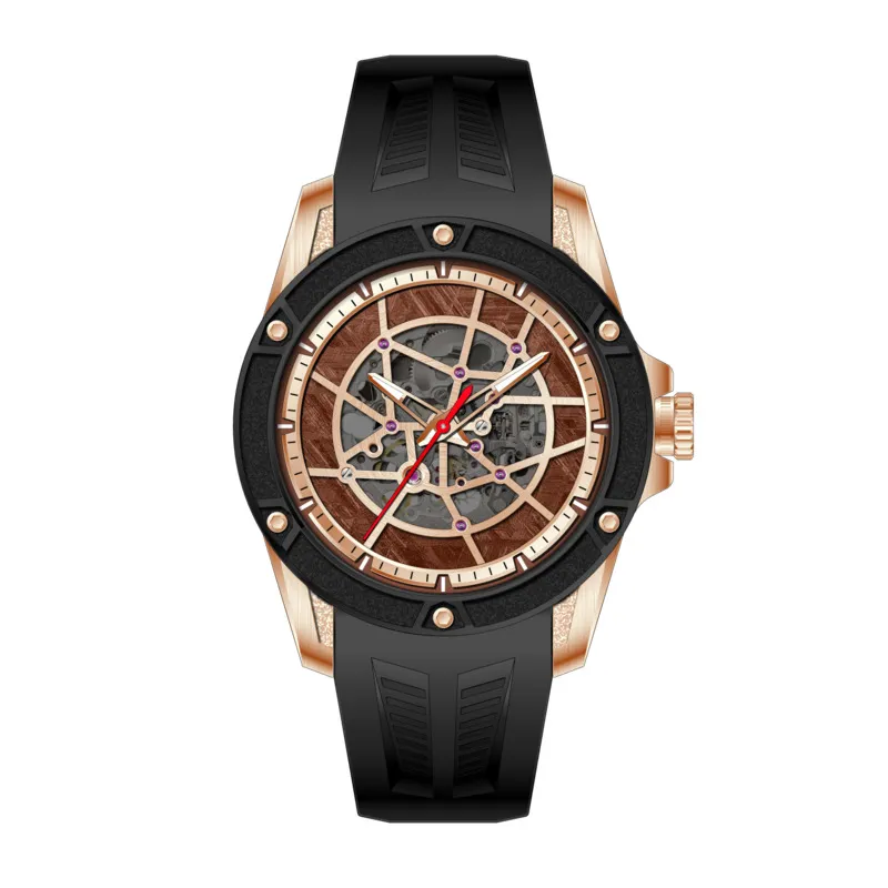 3d hollow dial automatic mechanical watch with rubber strap for men