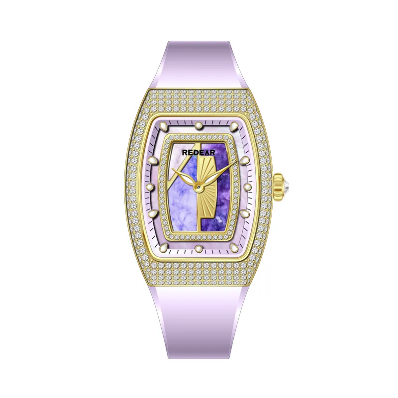 female stainless steel barrel shaped ronda quartz watch with starry diamond dial