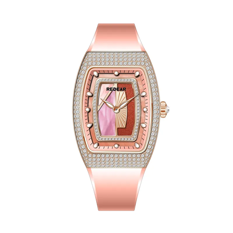 female stainless steel barrel shaped ronda quartz watch with starry diamond dial