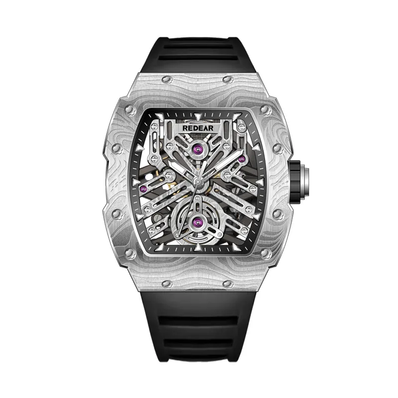 mens sporty tonneau shaped automatic stainless steel watch