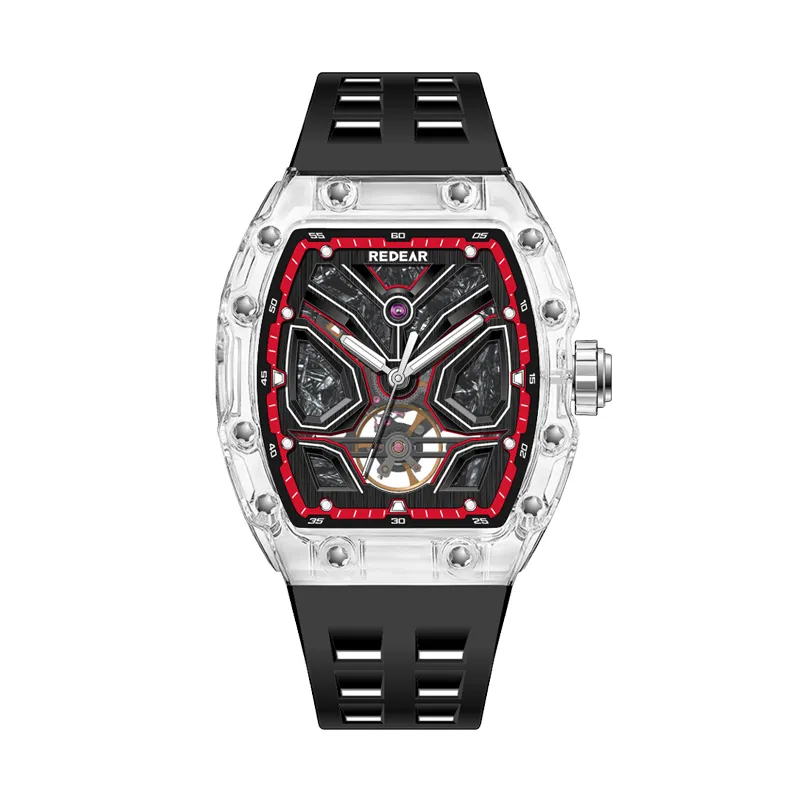 mens tonneau shaped crystal skeleton mechanical watch carbon fiber dial