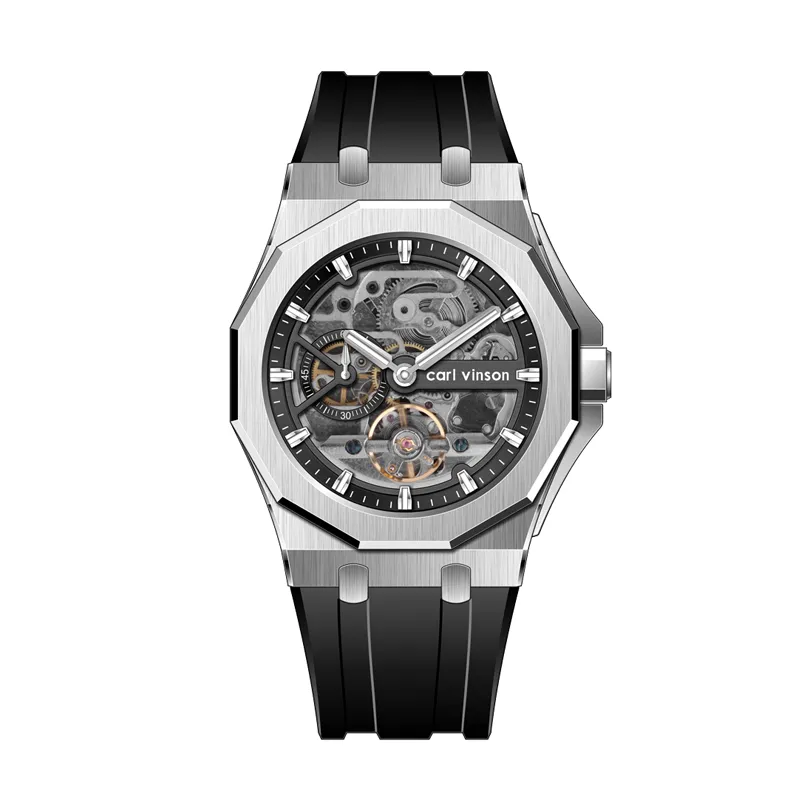 stainless steel mechanical watch with double hollow dial