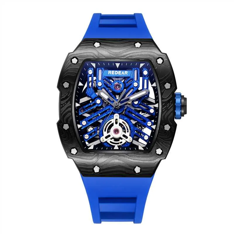 Skeleton Tonneau Automatic Watch with Carbon Fiber Case and Silicone Strap